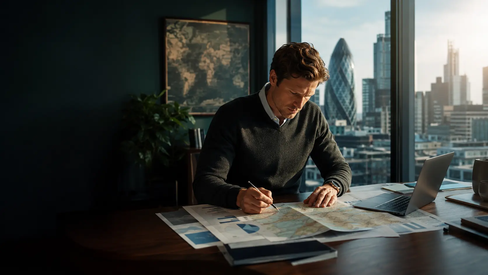 Editorial illustration of investment research at a desk