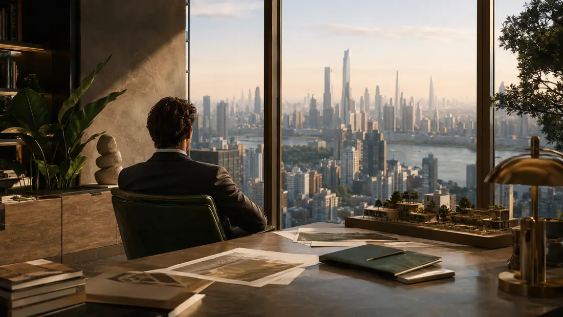 Investisseur observant une métropole internationale depuis son bureau